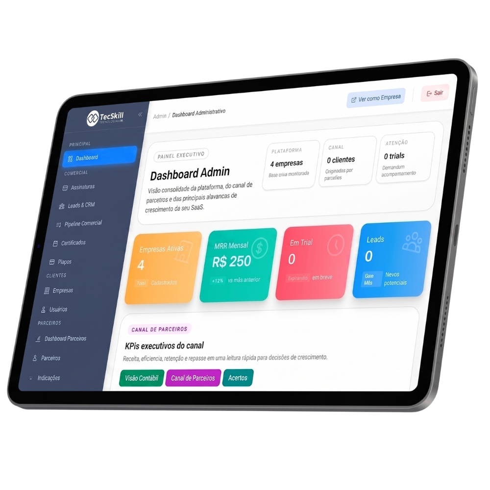 Dashboard TecSkill em mockup tablet